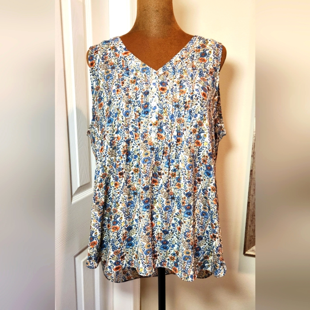 Rose + Olive Boho Floral Sleeveless Top - Blue and Orange Sz L